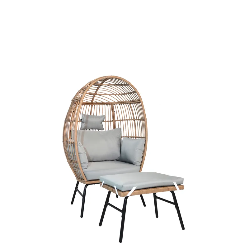 Outdoor Garden Wicker Egg Chair And Footstool Patio Chaise, With Cushions, Outdoor Indoor Basket Cha