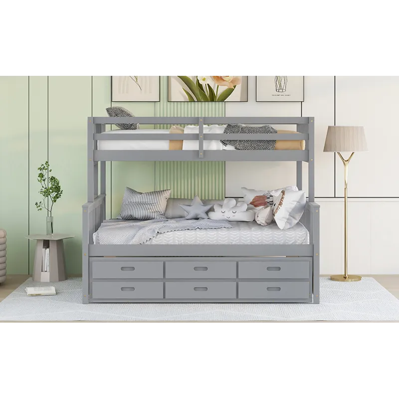 Twin Over Full Bunk Bed With Twin Size Trundle, Separable Bunk Bed With Drawers For Bedroom - Gray
