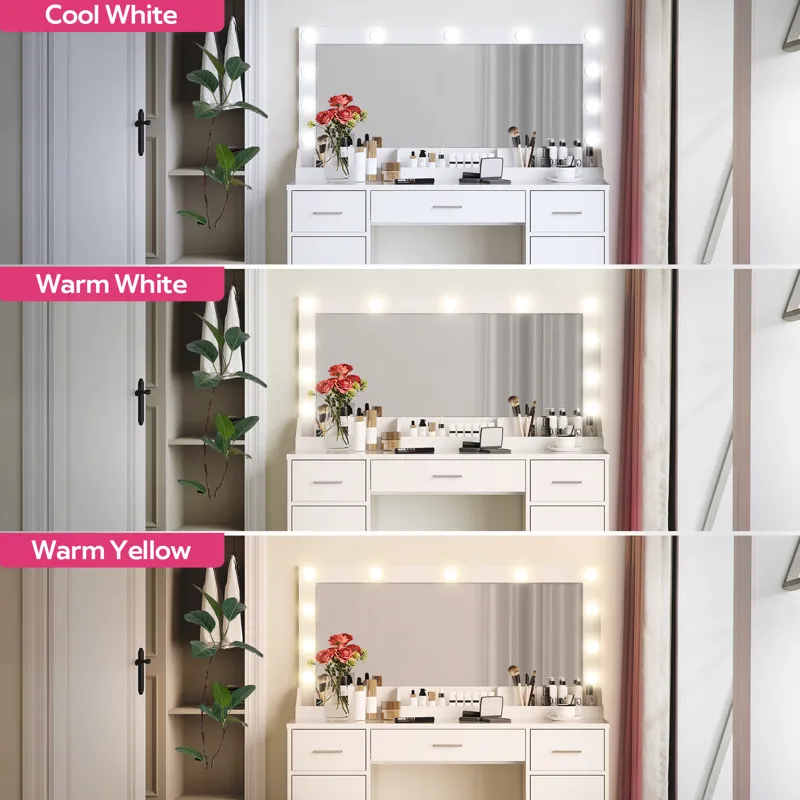 47.2" Vanity Desk With Large Mirror, 3 Colour Lighting Modes, Adjustable Brightness, Dresser With 3 Drawers & 2 Vertical Cabinets, Makeup Vanity Table For Women & Girls - White