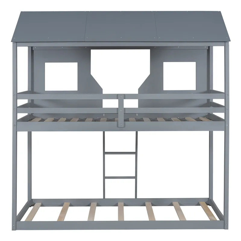 78\" Twin Over Twin Bunk Bed Wood Bed With Roof, Window, Guardrail, Ladder - Gray