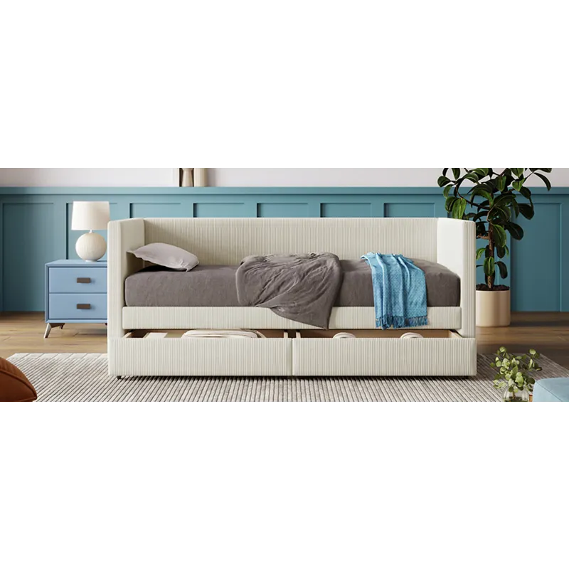 Twin Size Corduroy Daybed With Two Drawers And Wood Slat - Beige