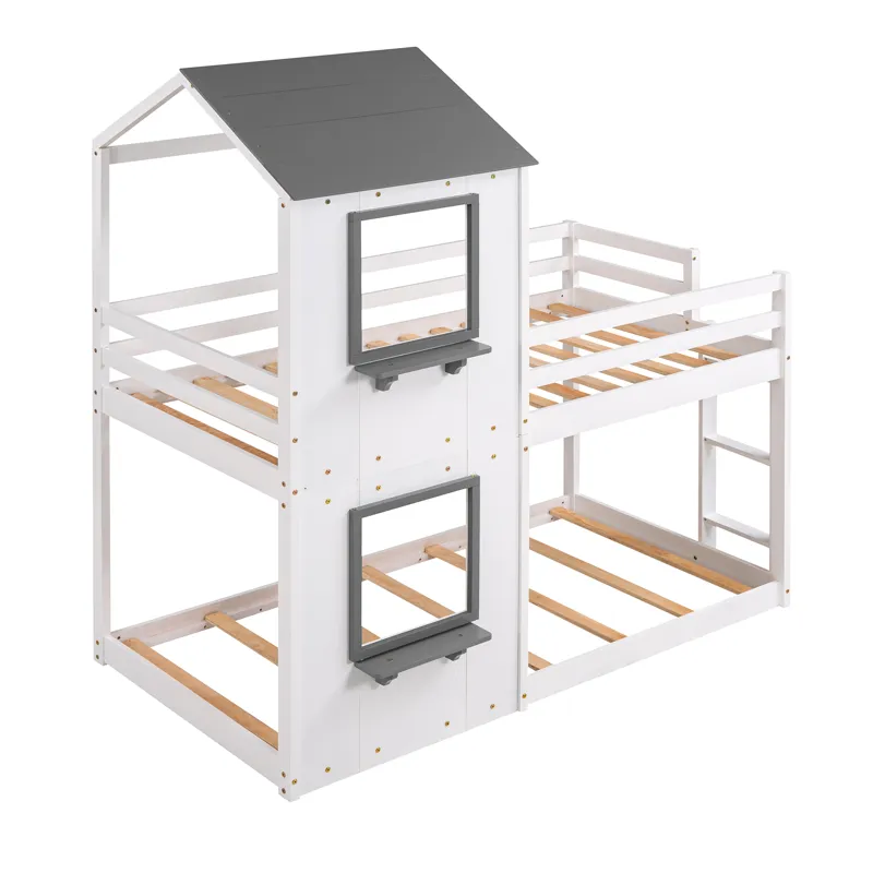Twin Over Twin Bunk Bed Wood Bed & Roof, Window, Guardrail, Ladder - White