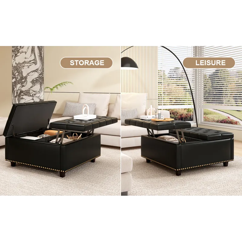 Large Square Storage Stool With Two Storage Doors, Footstool For Living Room Studded Mid-Century Mod