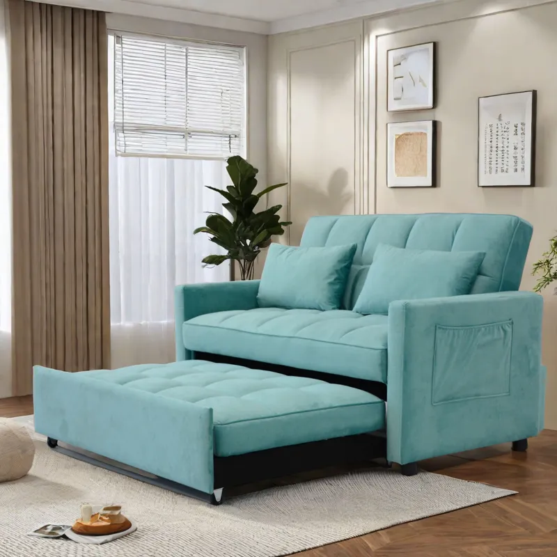 Velvet Two Seater Pull Out Sofa Bed, Adjustable Backrest With Three USB Ports, Two Side Pockets, 3 I