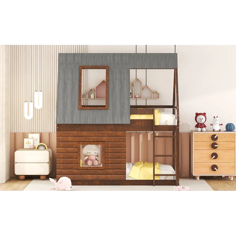 Wood Twin Size House Bunk Bed With Roof, Ladder And 2 Windows - Oak & Smoky Gray