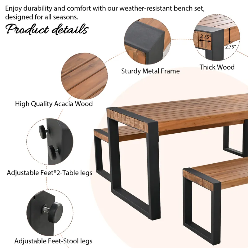 3 Pieces Outdoor Dining Table With 2 Benches, Patio Dining Set With Unique Top Texture, Acacia Wood 