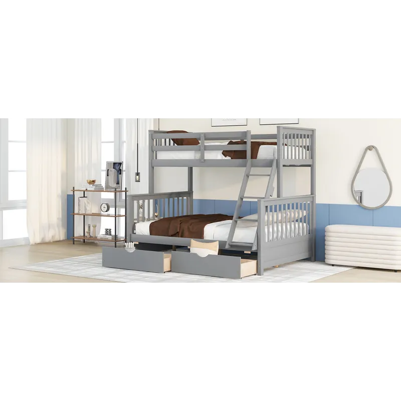 Twin Over Full Bunk Bed With Ladders And Two Storage Drawers - Gray