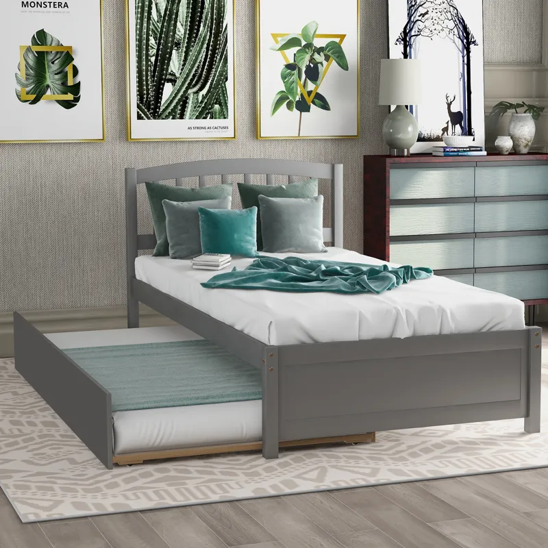 Twin Size Platform Bed Wood Bed Frame With Trundle - Gray