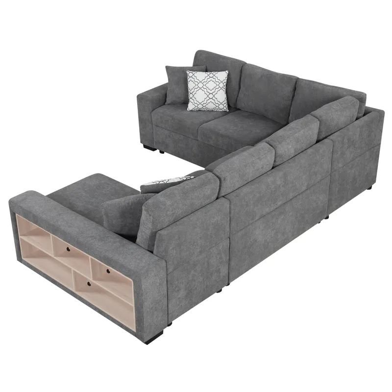 U-Shaped Sectional Sofa Pull-Out Sofa Bed With Two USB Ports, A Storage Chaise Lounge And Four Back 