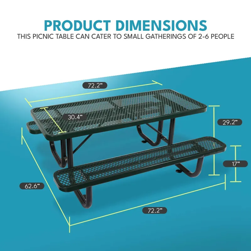 6 Ft. Rectangular Outdoor Steel Picnic Table With Umbrella Pole - Green