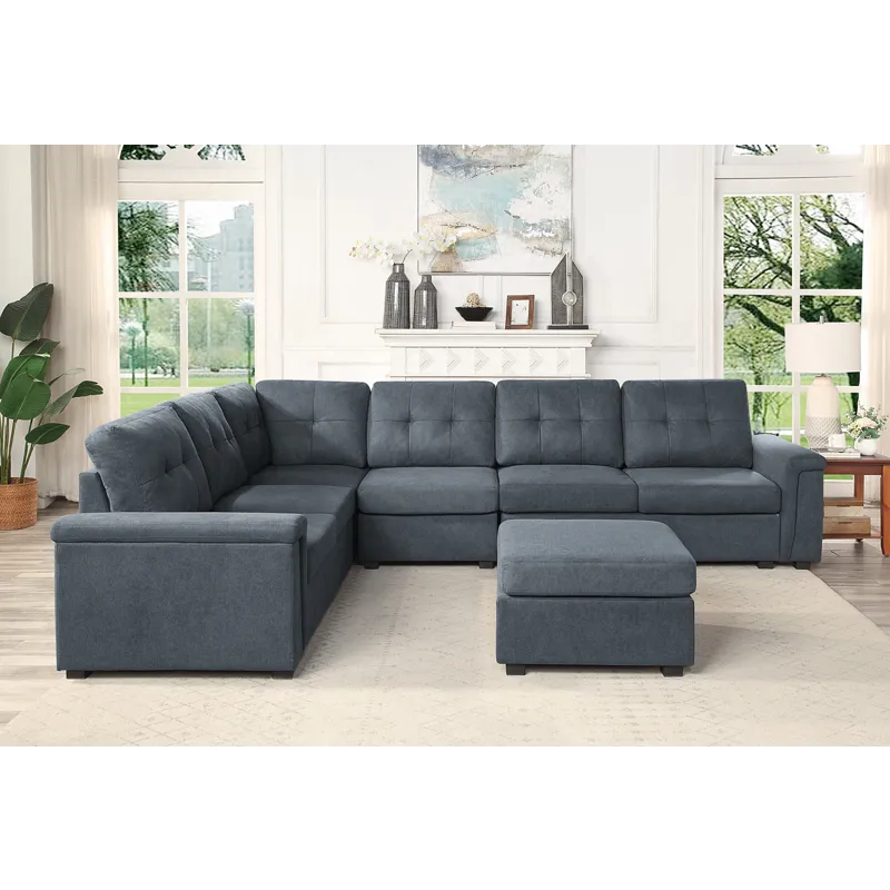 Isla - Woven Fabric 7 Seater Sectional Sofa With Ottoman - Gray