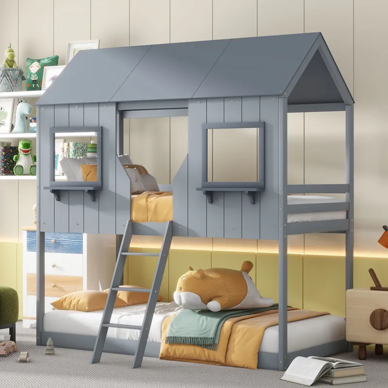 78\" Twin Over Twin Bunk Bed Wood Bed With Roof, Window, Guardrail, Ladder - Gray