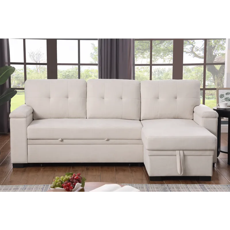 Lucca II  - 84.5\"W Beige Woven Fabric Reversible Sleeper Sectional Sofa With Storage Chaise and Poc
