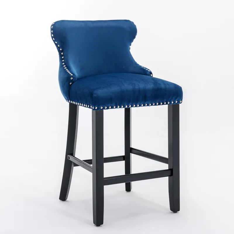 Contemporary Velvet Upholstered Wing-Back Barstools With Button Tufted Decoration And Wooden Legs, A