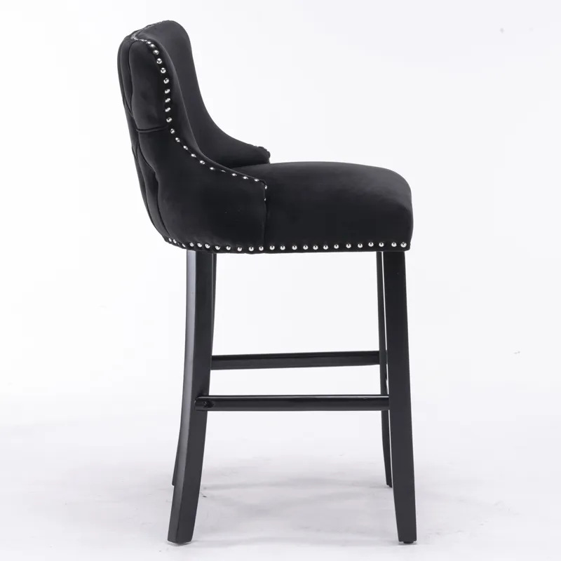 Contemporary Velvet Upholstered Wing-Back Barstools With Button Tufted Decoration And Wooden Legs, A