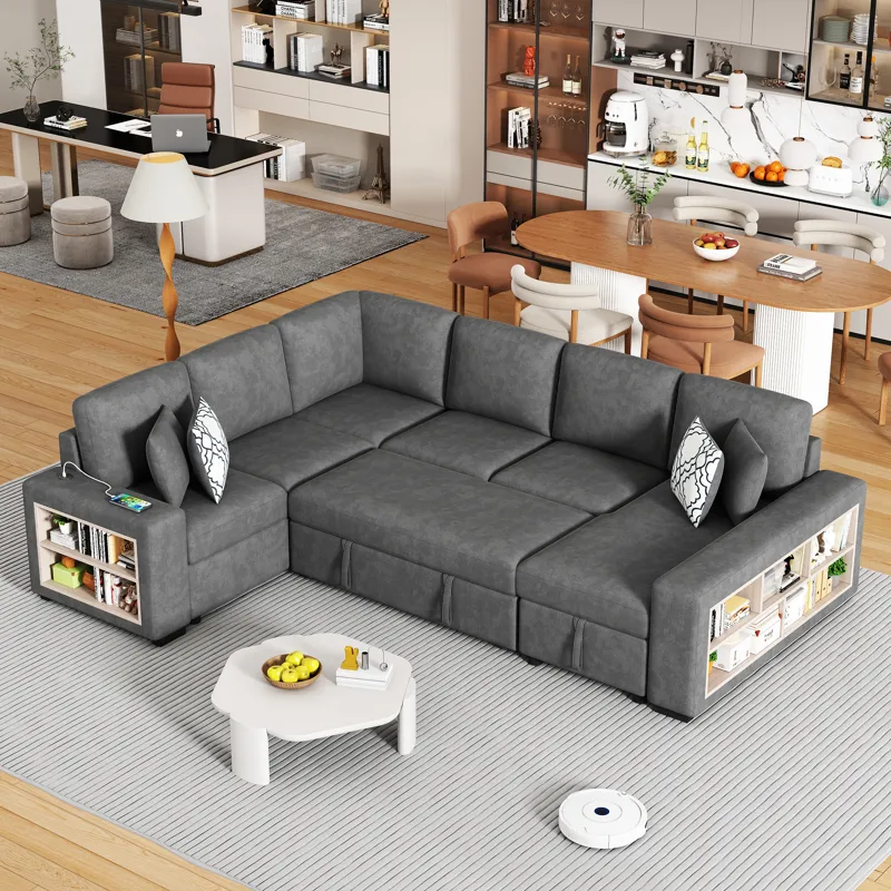 U-Shaped Sectional Sofa Pull-Out Sofa Bed With Two USB Ports, A Storage Chaise Lounge And Four Back 