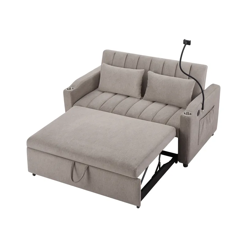 Convertible Sofa Bed Loveseat Sofa With Three USB Ports, Two Side Pockets, Two Cup Holders And 360° 