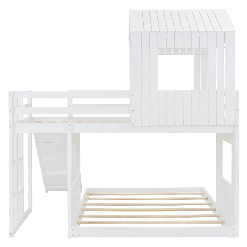 Wooden Twin Over Full Bunk Bed, Loft Bed With Playhouse, Farmhouse, Ladder, Slide And Guardrails - W