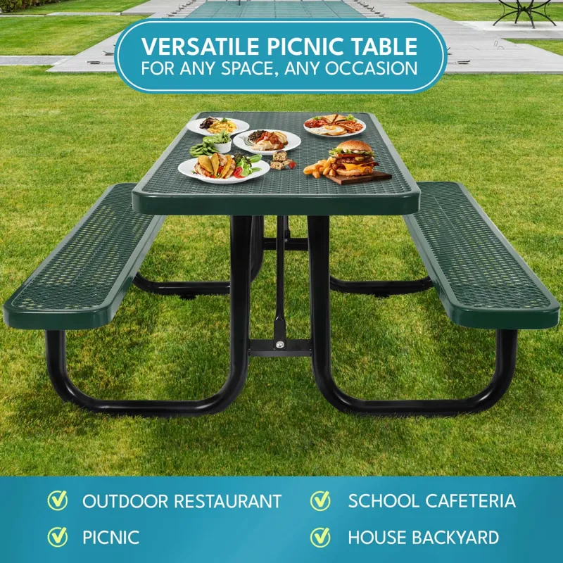 6 Ft. Rectangular Outdoor Steel Picnic Table With Umbrella Pole - Green