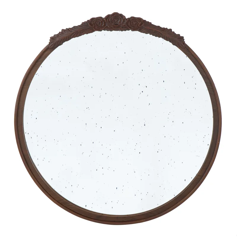 Round Hand Carved Rose Antique Mirror Frame, Wall Mirror For Live Space, Bathroom, Entryway Wall Dec