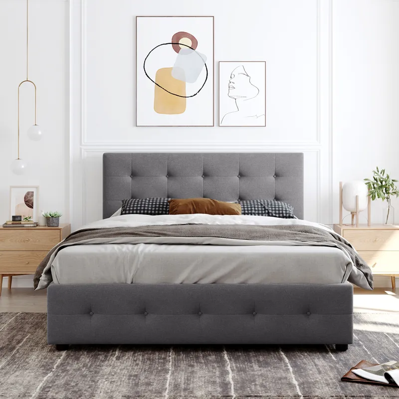 Queen Size Upholstered Platform Bed With Classic Headboard And 4 Drawers, No Box Spring Needed - Lig
