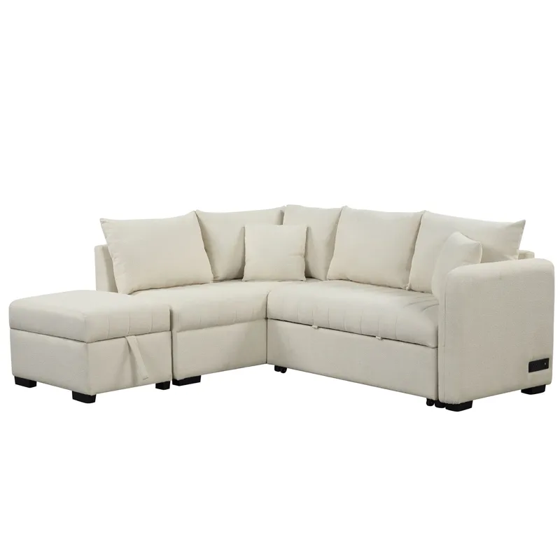L-Shaped Sectional Pull Out Sofa Bed Sleeper Sofa With Two USB Ports, Two Power Sockets And A Movabl