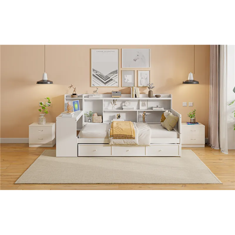 Twin Size Wooden Daybed With 3 Drawers, USB Ports And Desk - White