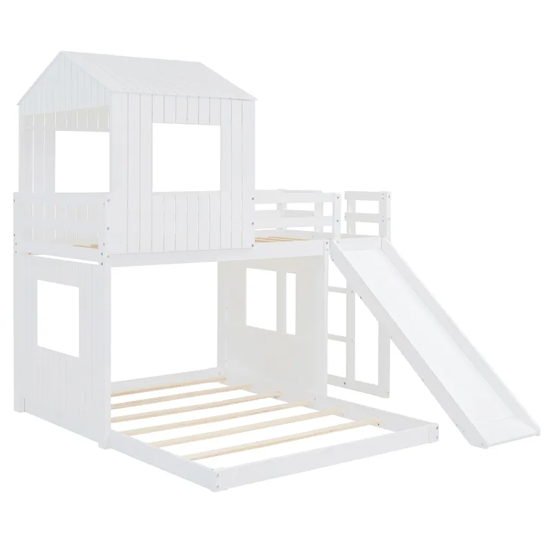 Wooden Twin Over Full Bunk Bed, Loft Bed With Playhouse, Farmhouse, Ladder, Slide And Guardrails - W