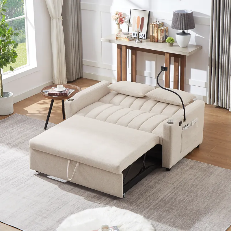 Convertible Sofa Bed Loveseat Sofa With Three USB Ports, Two Side Pockets, Two Cup Holders And 360° 