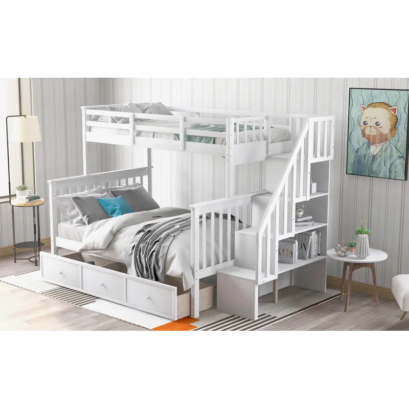 Twin Over Full Stairway Bunk Bed With Drawer, Storage And Guard Rail For Bedroom, Dorm, For Adults -