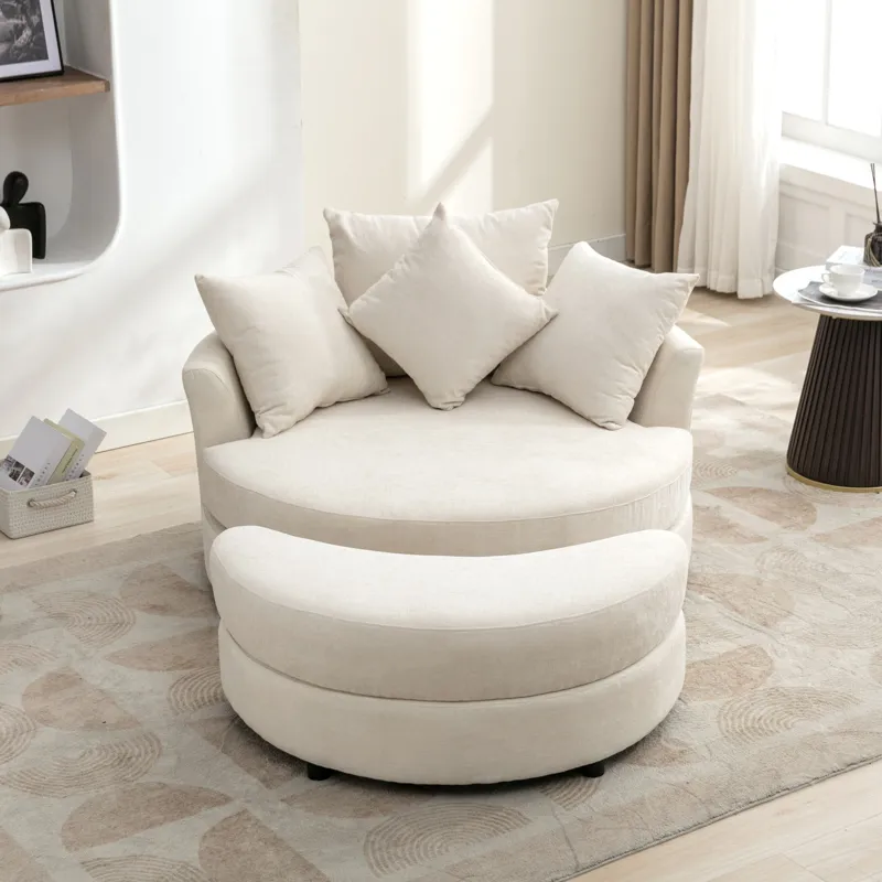 360° Swivel Accent Barrel Chair With Storage Ottoman & 4 Pillows, Modern Chenille Leisure Chair Round Accent For Living Room - Cream