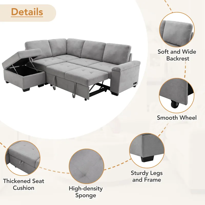 Sleeper Sectional Sofa, L-Shape Corner Couch Sofa - Bed With Storage Ottoman & Hidden Arm Storage & 