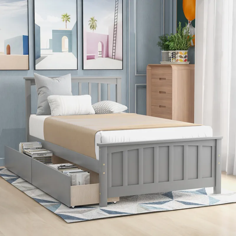 Twin Size Platform Bed With Two Drawers - Gray