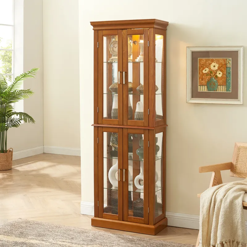 Curio Cabinet Lighted Curio Diapaly Cabinet With Adjustable Shelves And Mirrored Back Panel, Tempere