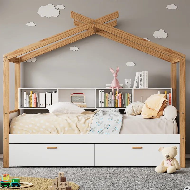 Twin Size Wooden House Bed Original Wood Colored Frame With Two Drawers And Bookshelf Storage Space 