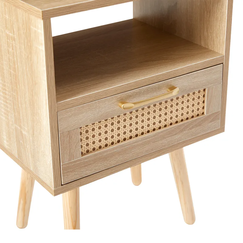 15.75\" Rattan End Table With Power Outlet & USB Ports, Modern Nightstand With Drawer And Solid Wood