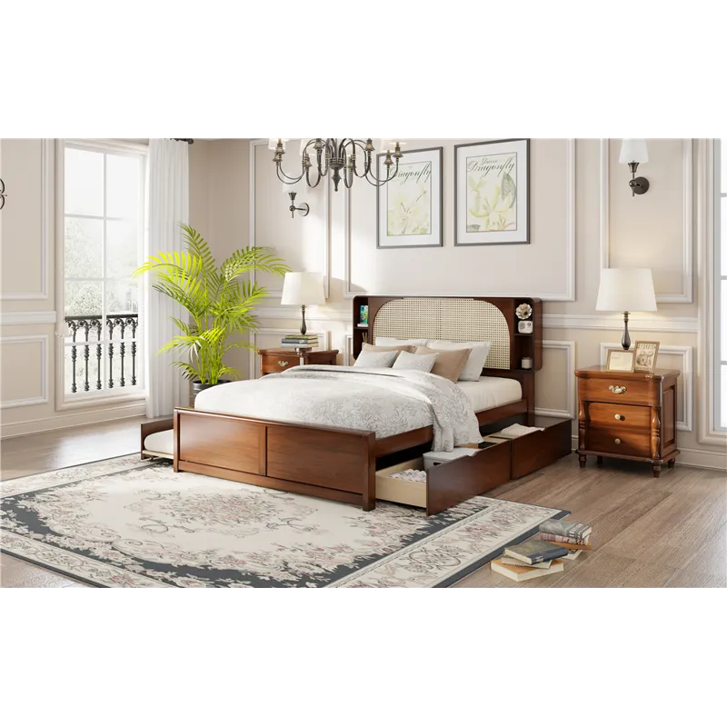 Queen Size Rattan Headboard Bed With Two Drawers And Trundle Walnut