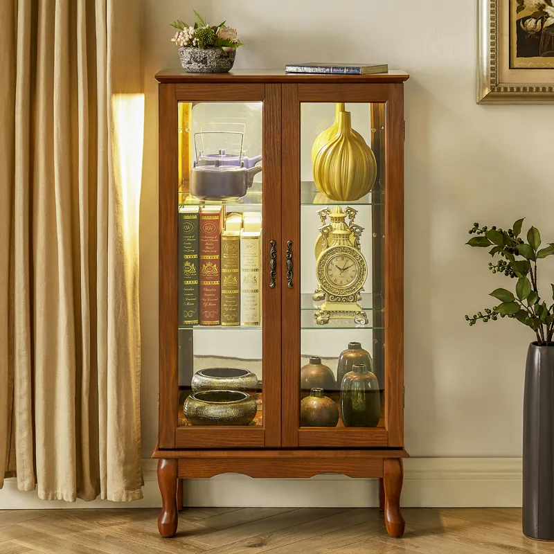 Curio Cabinet Lighted Curio Diapaly Cabinet With Adjustable Shelves And Mirrored Back Panel, Tempere