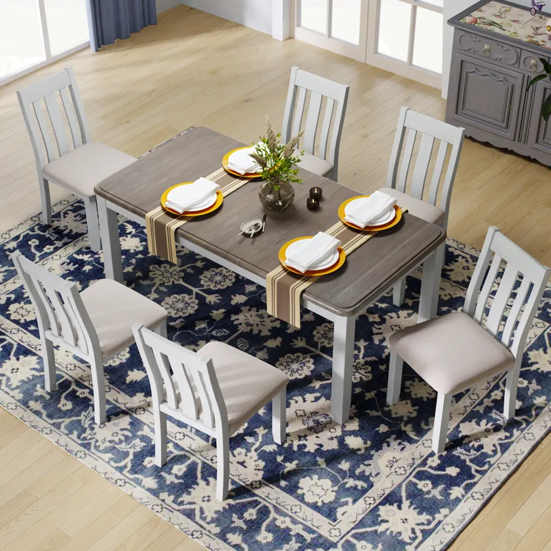 7 Piece Dining Table Set Retro Style With Extendable Table And 6 Upholstered Chairs - Brown / White