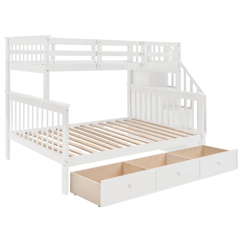 Twin Over Full Stairway Bunk Bed With Drawer, Storage And Guard Rail For Bedroom, Dorm, For Adults -