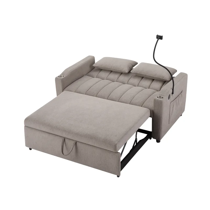 Convertible Sofa Bed Loveseat Sofa With Three USB Ports, Two Side Pockets, Two Cup Holders And 360° 