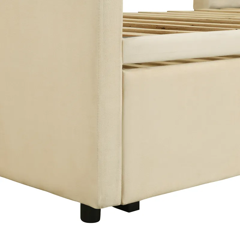Twin Size Upholstered Daybed With Pop Up Trundle - Beige
