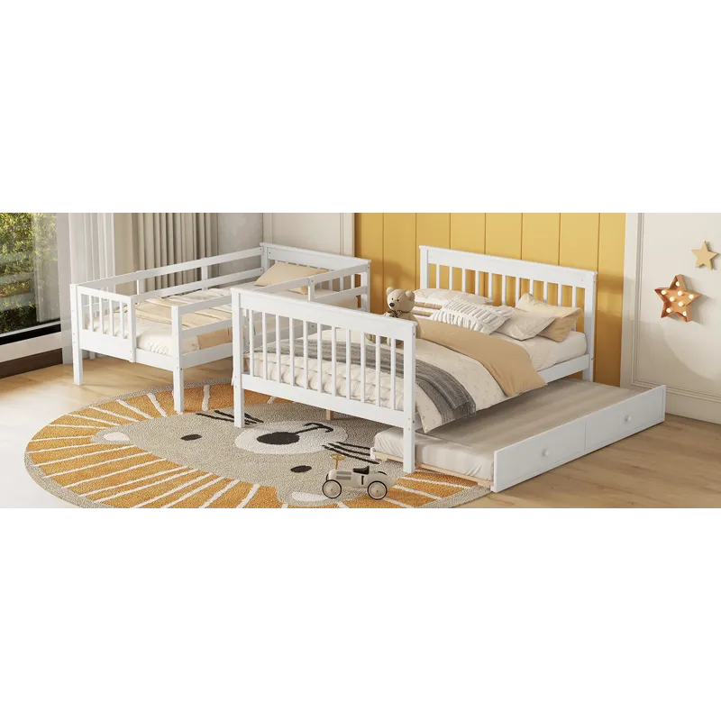 Twin Over Full Bunk Bed With Twin Size Trundle, Storage And Guard Rail For Bedroom, Dorm, For Adults