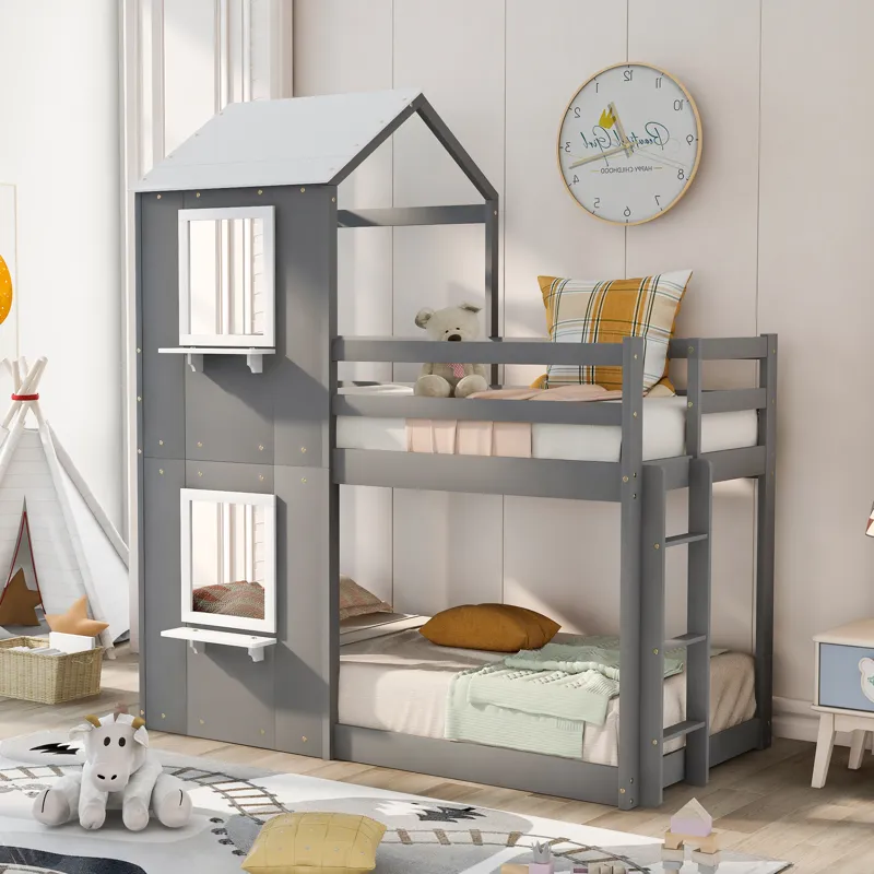 Twin Over Twin Bunk Bed Wood Bed With Roof, Window, Guardrail, Ladder - White