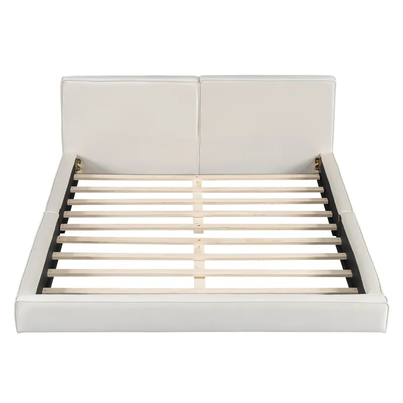 Queen Size Upholstered Platform Bed With , Grounded Bed With Solid Frame - Beige
