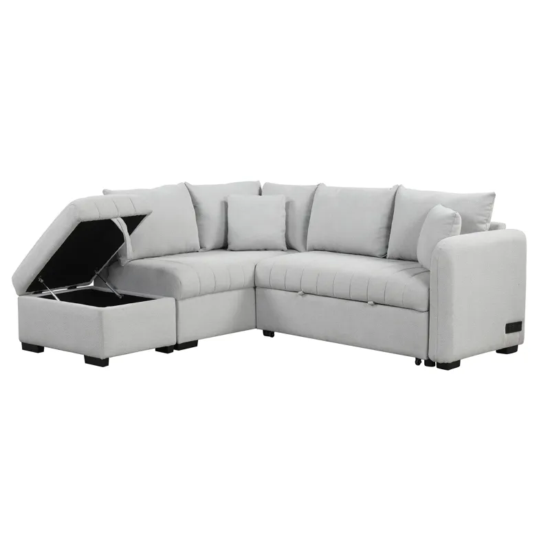 L-Shaped Sectional Pull Out Sofa Bed Sleeper Sofa With Two USB Ports, Two Power Sockets And A Movabl