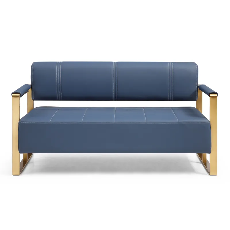 Modern Upholstery Accent Loveseat Sofa For Living Room 2 Seater With Golden Metal Arms - Blue
