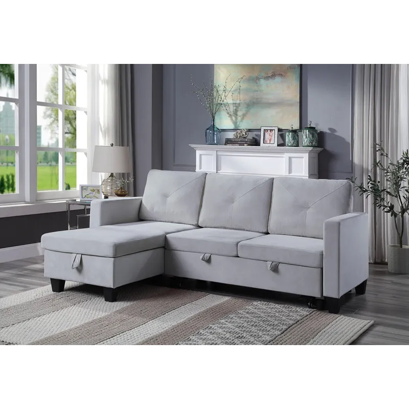 Nova - Velvet Reversible Sleeper Sectional Sofa With Storage Chaise - Light Gray
