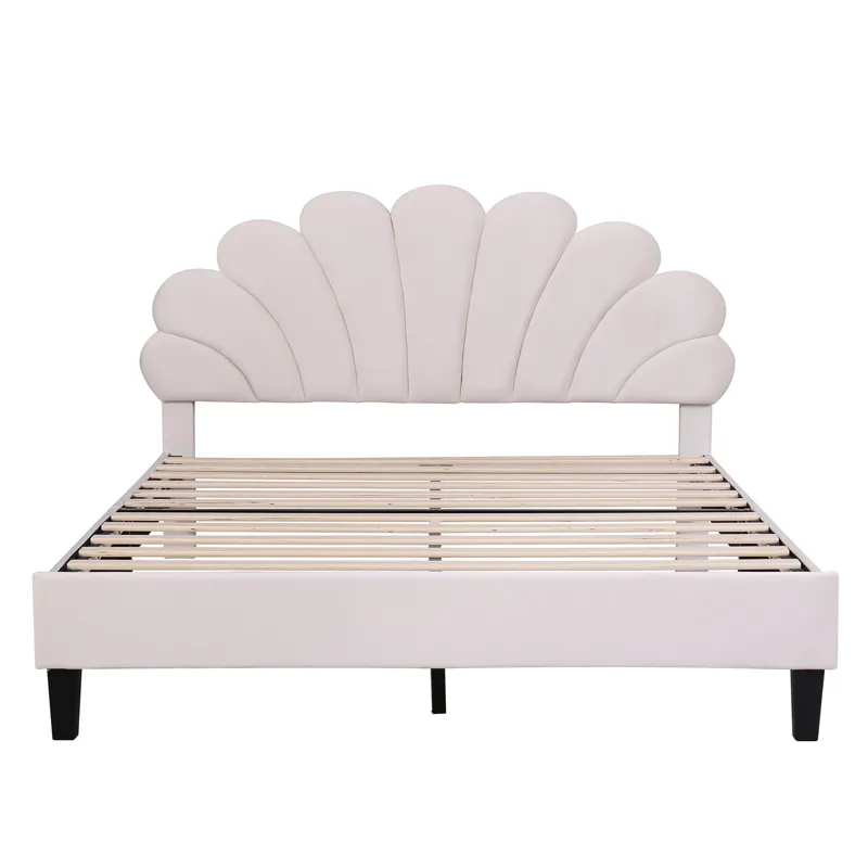 Queen Size Upholstered Platform Bed With Flower Pattern Velvet Headboard - Beige