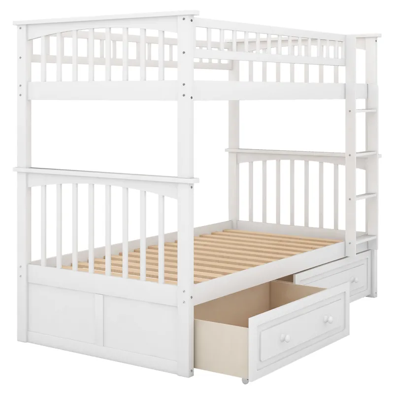 Twin Over Twin Bunk Bed With Drawers, Convertible Beds - White